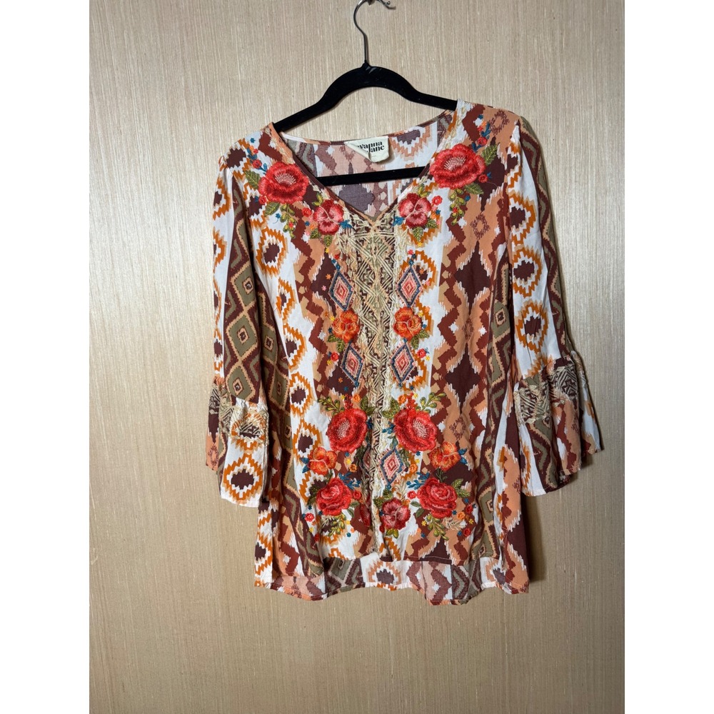 Savanna Jane Womens Boho Embroidered Ikat Print Bell Sleeve Blouse Top Large